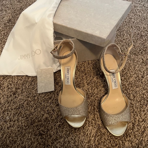 Jimmy Choo Annie d’Orsay Ankle-Strap Glitter Sandals 65mm - Platinum Ice - Picture 2 of 5